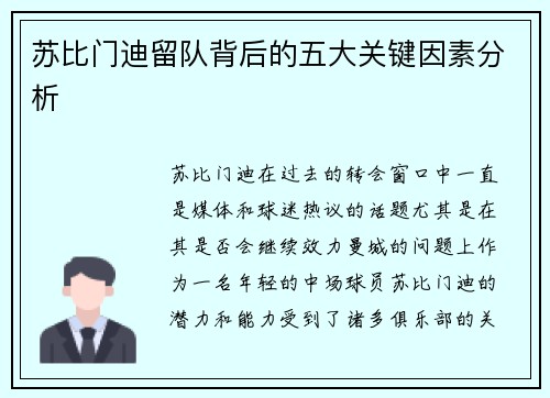 苏比门迪留队背后的五大关键因素分析